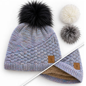 Bonnet BEANIE-BEAR® Bleu Chiné/rose 3 pompons