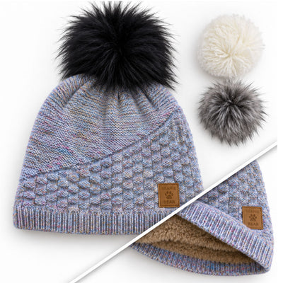 Bonnet BEANIE-BEAR® Bleu Chiné/rose 3 pompons
