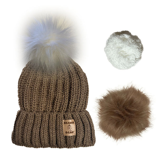 Bonnet ENFANT Beanie Bear BEIGE Foncé - 3 pompons