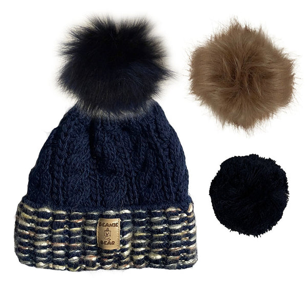 Bonnet Beanie-Bear Bleu Marine Bi-Color -  3 pompons