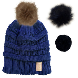 Bonnet BEANIE-BEAR® Bleu Marine/Satin - 3 pompons