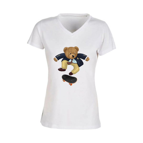 T-shirt Femme-Col V-BEAR 12-BLANC/NOIR/ROSE