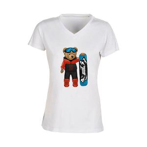 T-shirt Femme-Col V-BEAR 13-BLANC/NOIR/ROSE