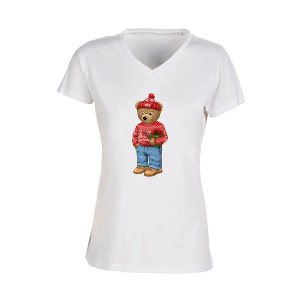 T-shirt Femme-Col V-BEAR 01-BLANC/NOIR/ROSE