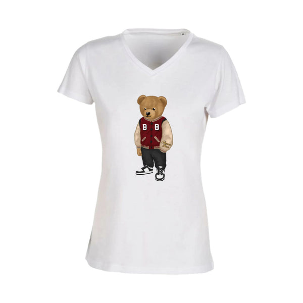 T-shirt Femme-Col V-BEAR 20-BLANC/NOIR/ROSE