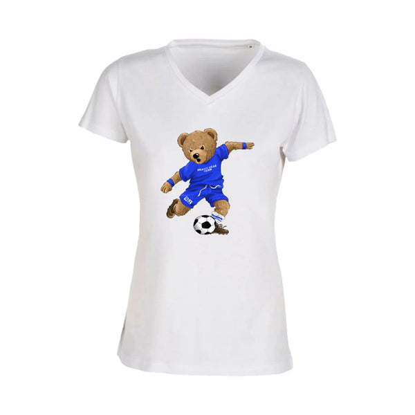 T-shirt Femme-Col V-BEAR 22-BLANC/NOIR/ROSE