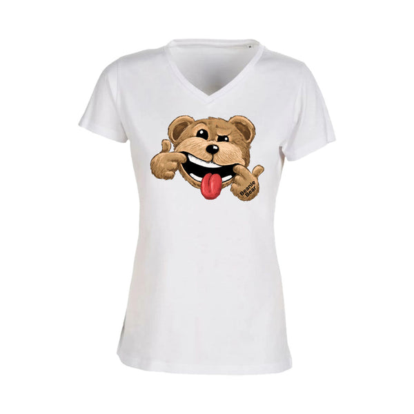 T-shirt Femme-Col V-BEAR 23-BLANC/NOIR/ROSE