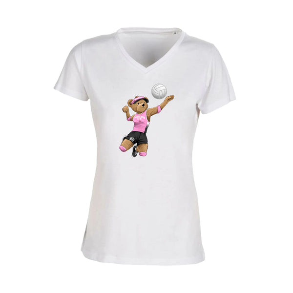 T-shirt Femme-Col V-BEAR 24-BLANC/NOIR/ROSE
