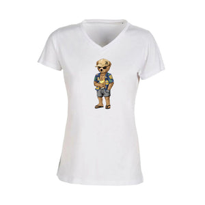 T-shirt Femme-Col V-BEAR 25-BLANC/NOIR/ROSE
