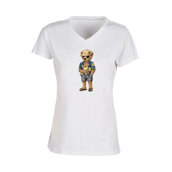 T-shirt Femme-Col V-BEAR 25-BLANC/NOIR/ROSE