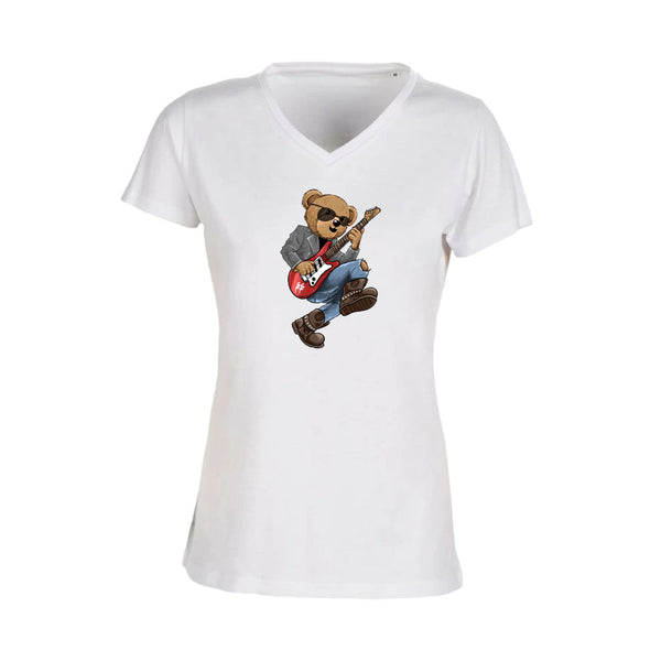 T-shirt Femme-Col V-BEAR 26-BLANC/NOIR/ROSE