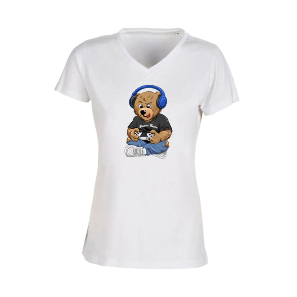T-shirt Femme-Col V-BEAR 27-BLANC/NOIR/ROSE