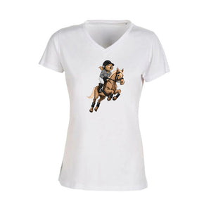 T-shirt Femme-Col V-BEAR 28-BLANC/NOIR/ROSE
