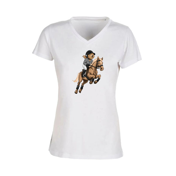 T-shirt Femme-Col V-BEAR 28-BLANC/NOIR/ROSE