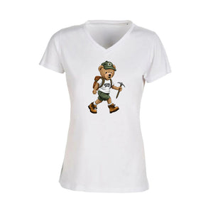 T-shirt Femme-Col V-BEAR 29-BLANC/NOIR/ROSE