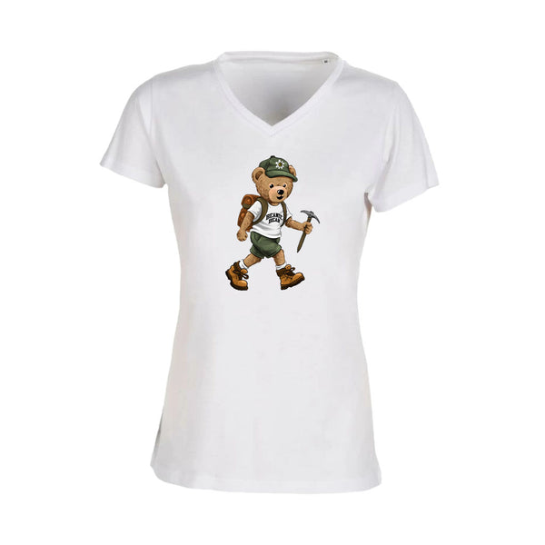 T-shirt Femme-Col V-BEAR 29-BLANC/NOIR/ROSE