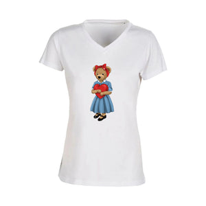 T-shirt Femme-Col V-BEAR 02-BLANC/NOIR/ROSE