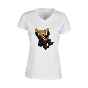 T-shirt Femme-Col V-BEAR 03-BLANC/NOIR/ROSE