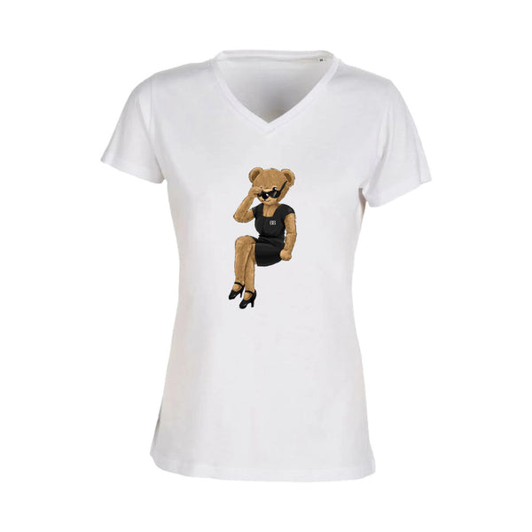 T-shirt Femme-Col V-BEAR 04-BLANC/NOIR/ROSE