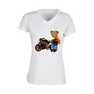 T-shirt Femme-Col V-BEAR 05-BLANC/NOIR/ROSE