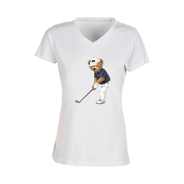 T-shirt Femme-Col V-BEAR 07-BLANC/NOIR/ROSE