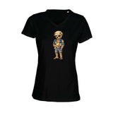 T-shirt Femme-Col V-BEAR 25-BLANC/NOIR/ROSE