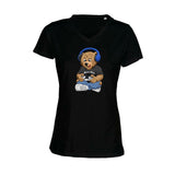T-shirt Femme-Col V-BEAR 27-BLANC/NOIR/ROSE