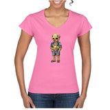 T-shirt Femme-Col V-BEAR 25-BLANC/NOIR/ROSE
