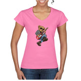 T-shirt Femme-Col V-BEAR 26-BLANC/NOIR/ROSE