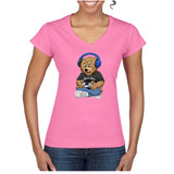 T-shirt Femme-Col V-BEAR 27-BLANC/NOIR/ROSE