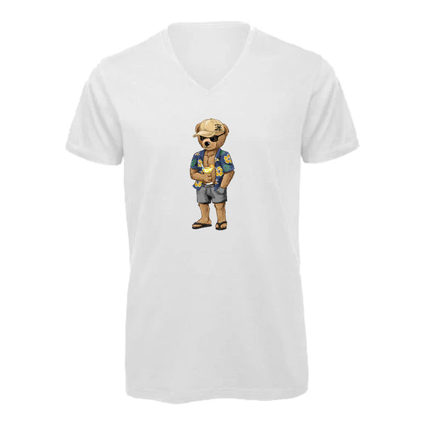 T-shirt Homme-Col V-BEAR 25-BLANC/GRIS/NOIR
